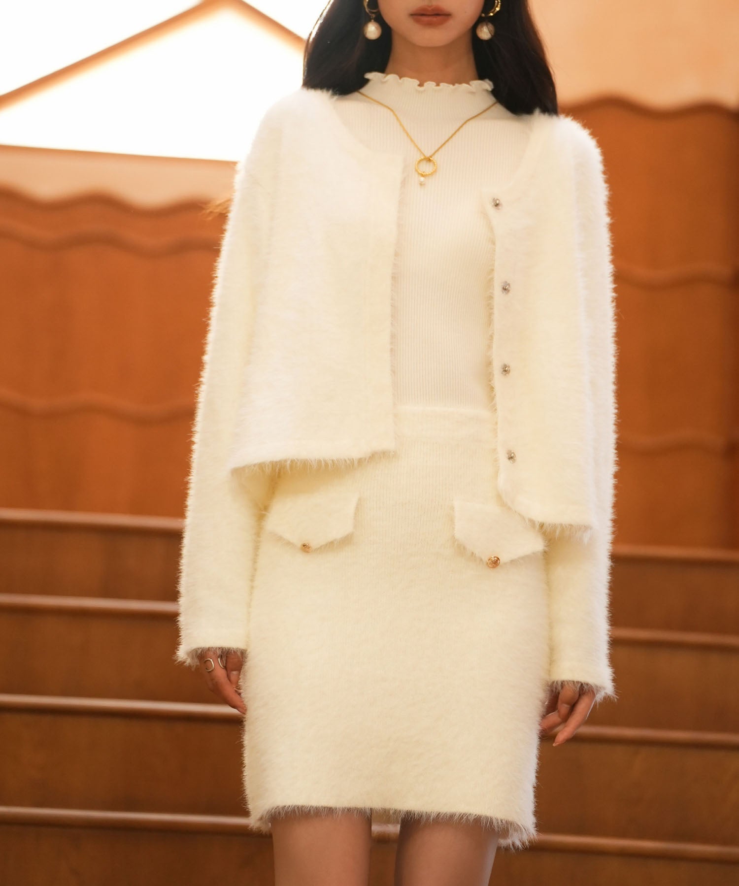 シャギークルーネックニットカーディガンsdpxyf6330 ホワイト