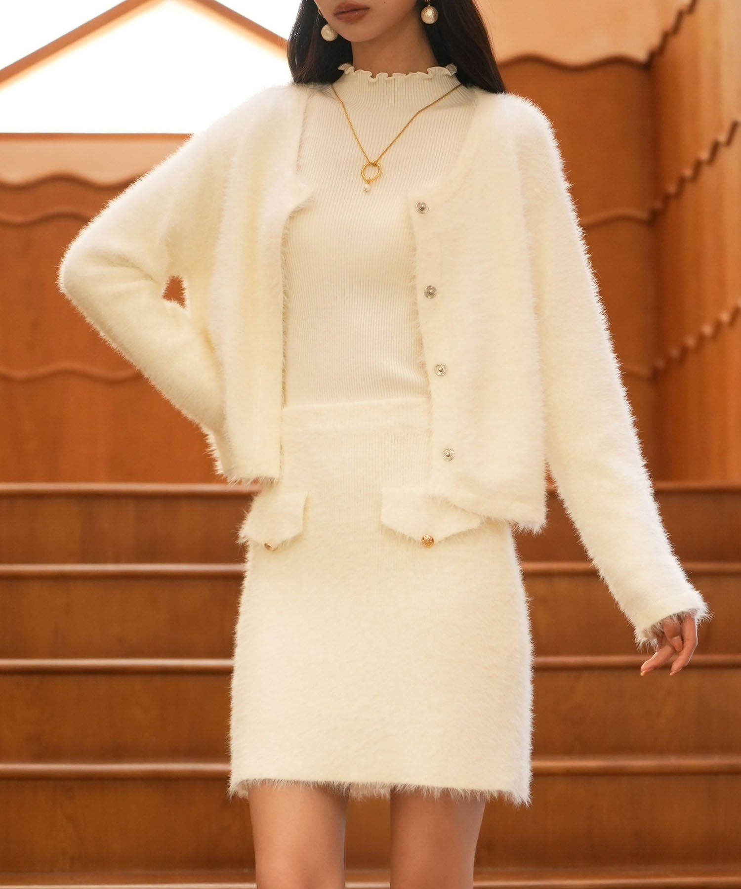 シャギークルーネックニットカーディガンsdpxyf6330 ホワイト