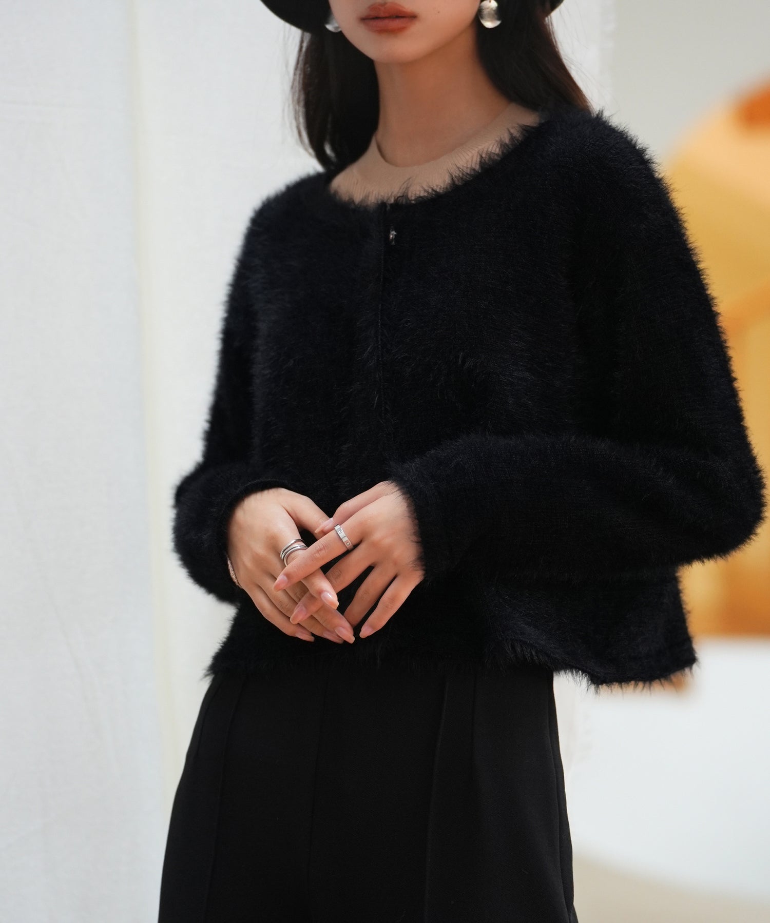 シャギークルーネックニットカーディガンsdpxyf6330 ブラック