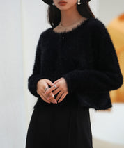 シャギークルーネックニットカーディガンsdpxyf6330 ブラック