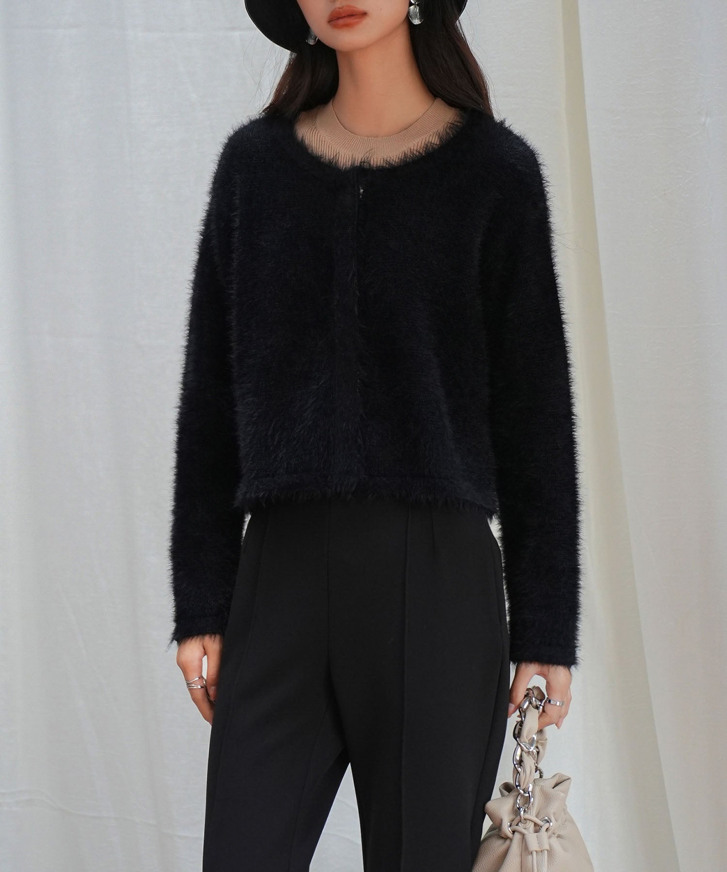 シャギークルーネックニットカーディガンsdpxyf6330 ブラック