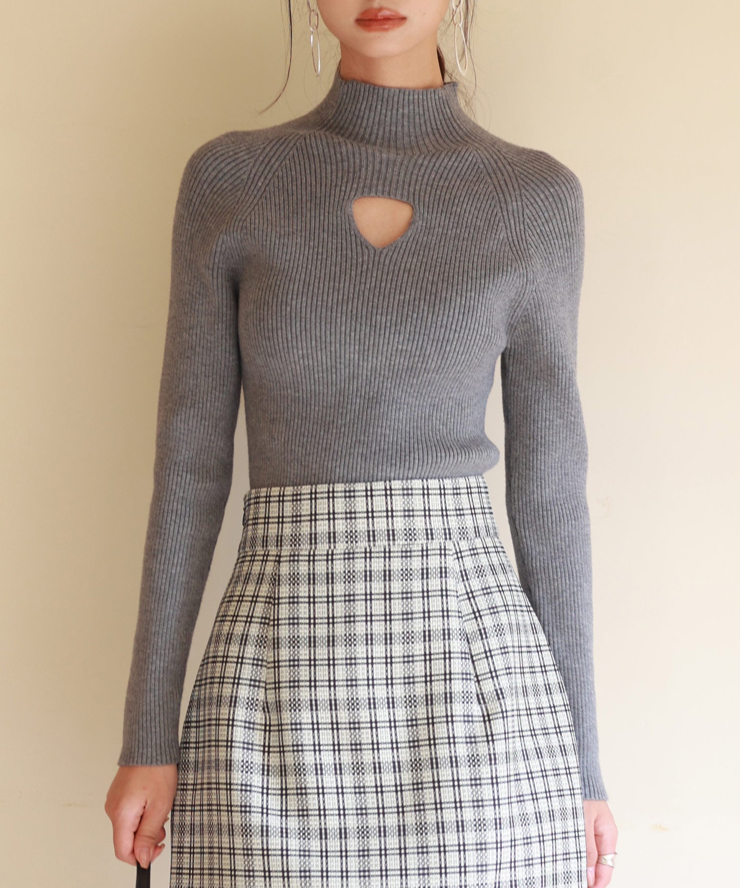 プチハイネックリブ編みニットプルオーバーsdpxyf6389 グレー