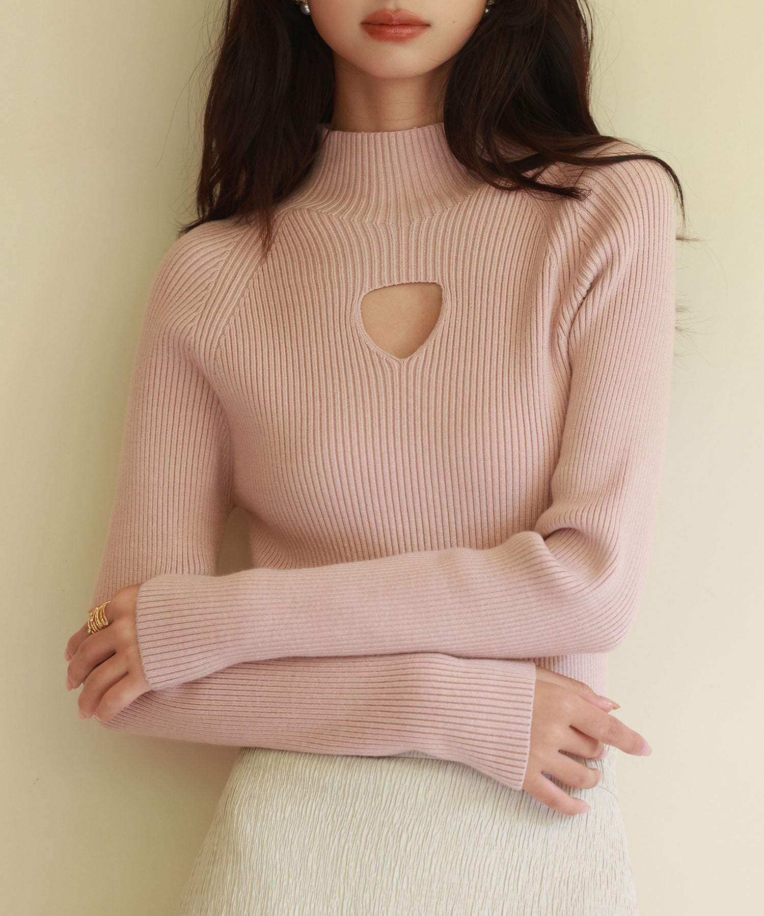 プチハイネックリブ編みニットプルオーバーsdpxyf6389 ピンク