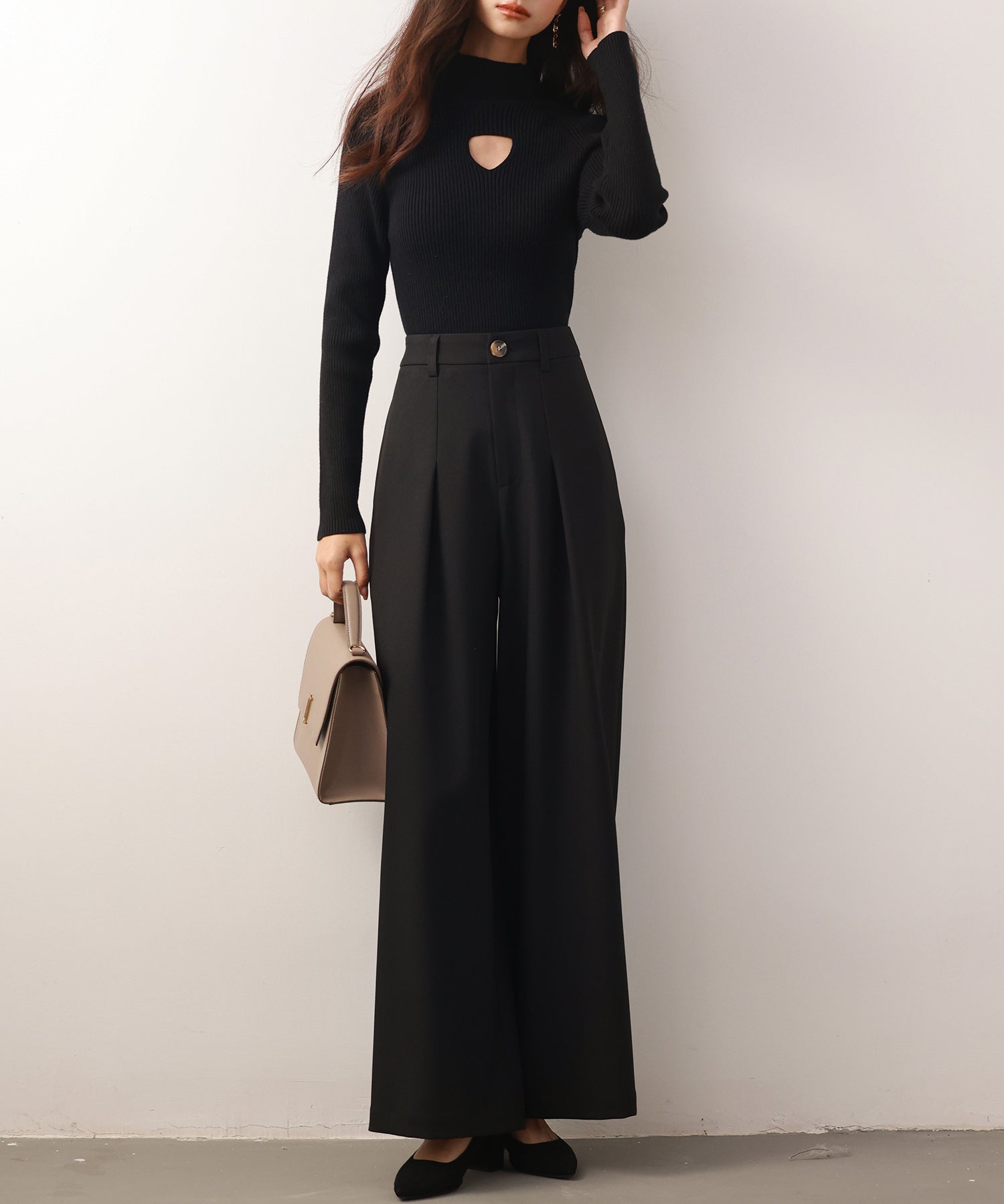 プチハイネックリブ編みニットプルオーバーsdpxyf6389 ブラック