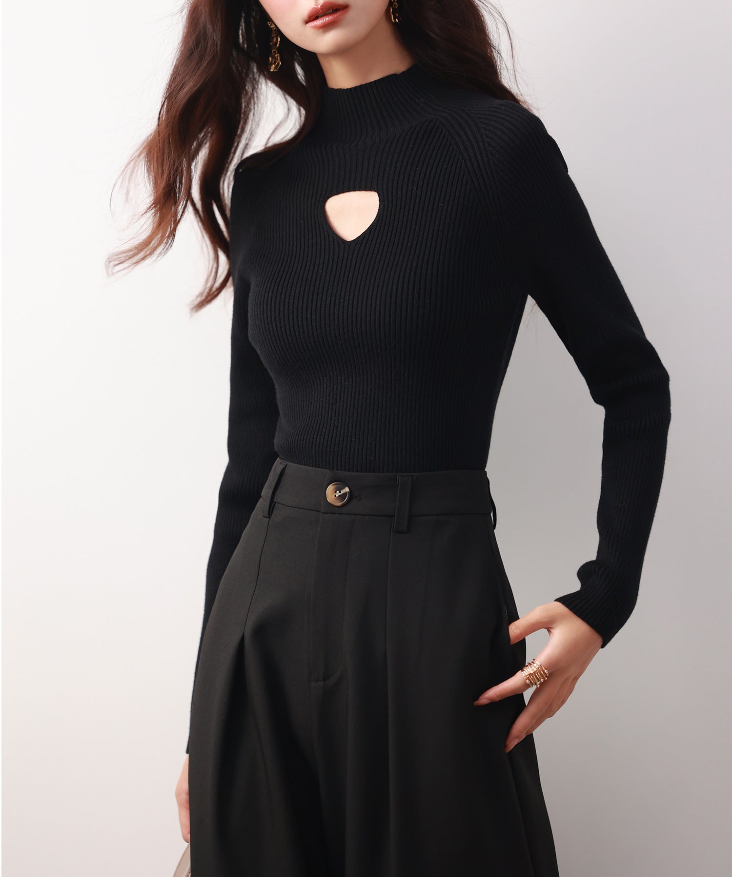 プチハイネックリブ編みニットプルオーバーsdpxyf6389 ブラック