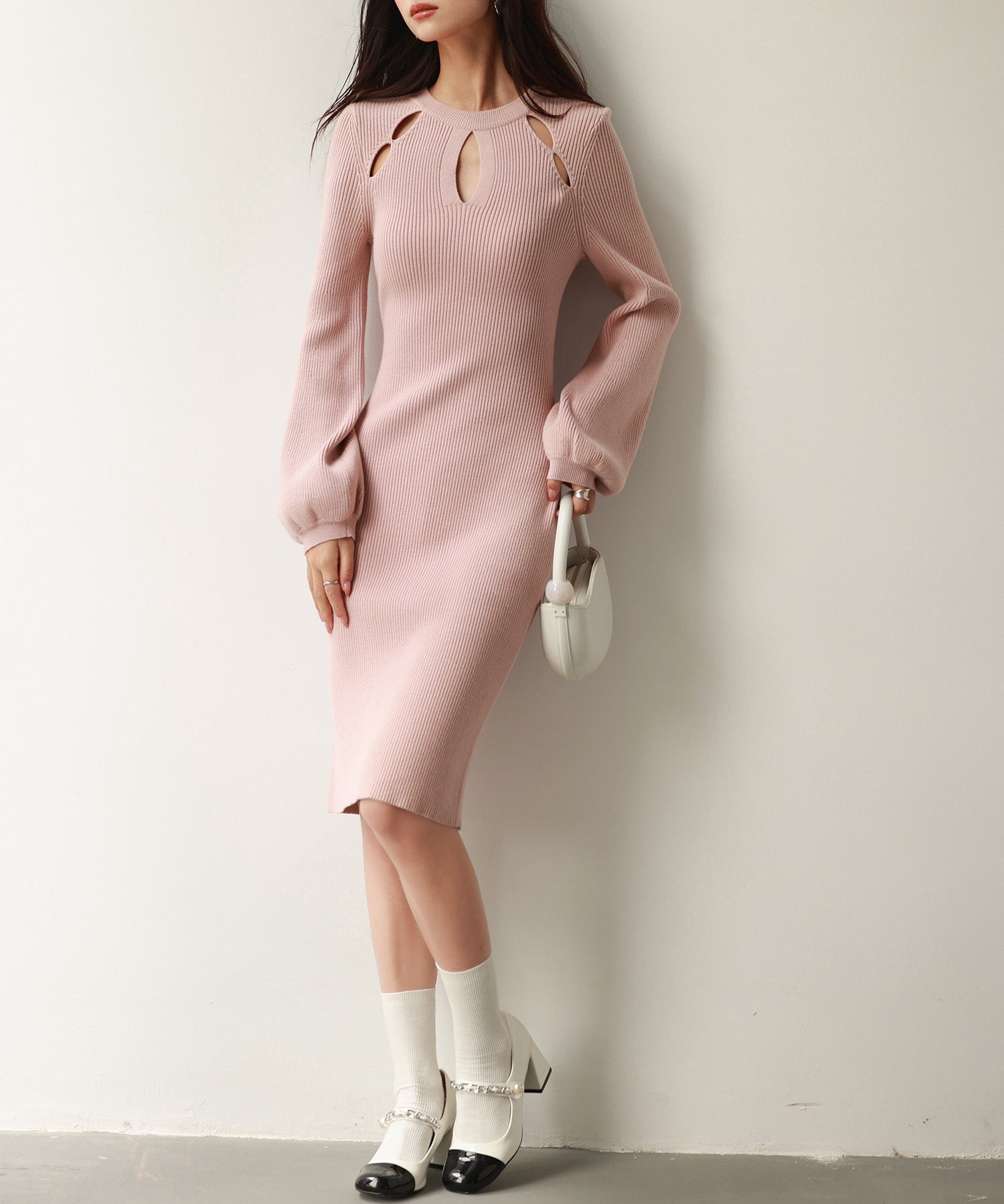 カットワーク膝丈リブ編みニットワンピースsdpxyf6506 ピンク