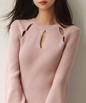 カットワーク膝丈リブ編みニットワンピースsdpxyf6506 ピンク