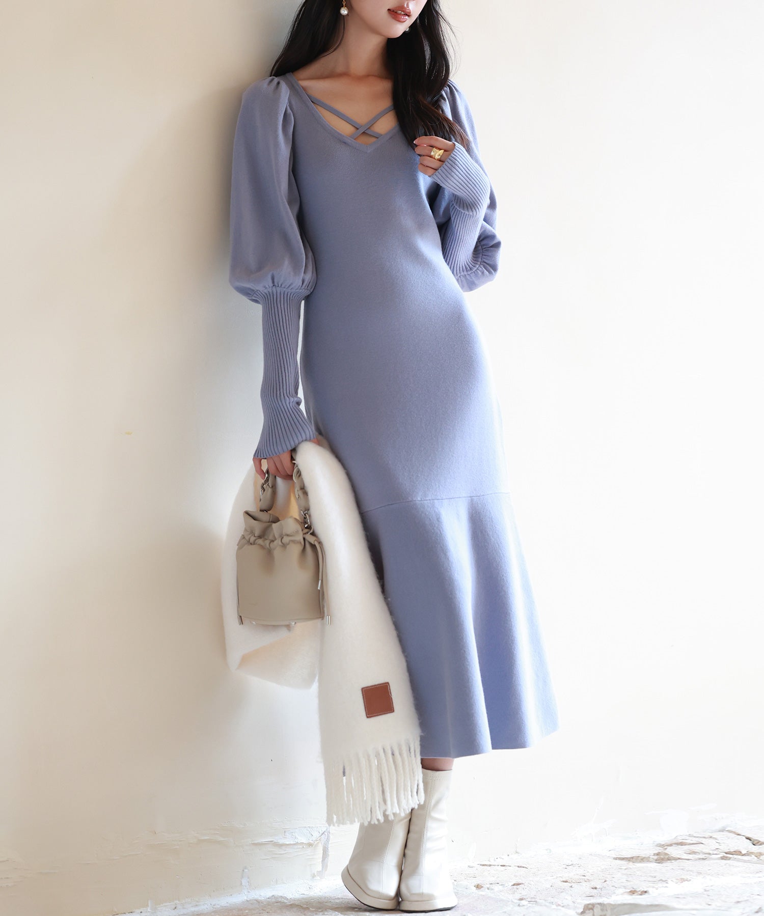 マトンスリーブニットミモレ丈ワンピースsdpxyf6521