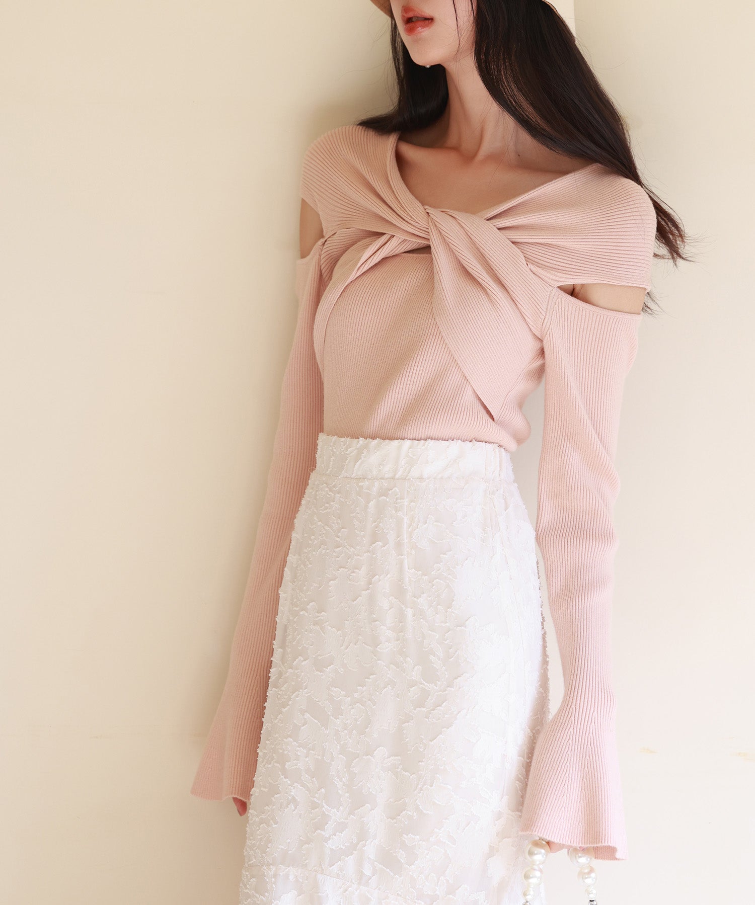 【2way着用】フレア袖口ニットプルオーバーsdpxyf6525 ピンクベージュ