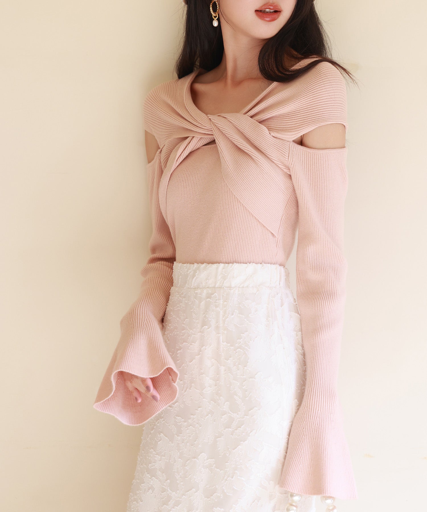 【2way着用】フレア袖口ニットプルオーバーsdpxyf6525 ピンクベージュ