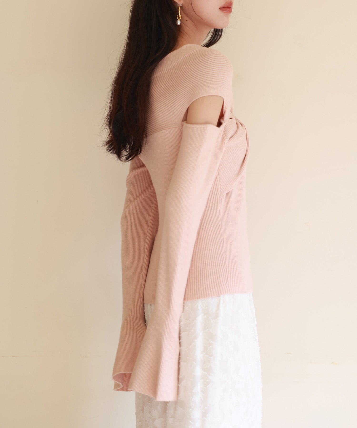 【2way着用】フレア袖口ニットプルオーバーsdpxyf6525 ピンクベージュ