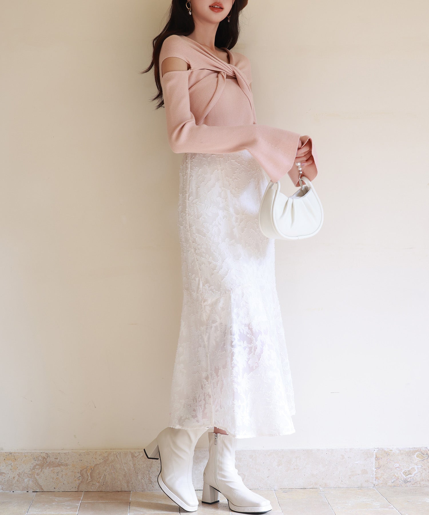 【2way着用】フレア袖口ニットプルオーバーsdpxyf6525 ピンクベージュ