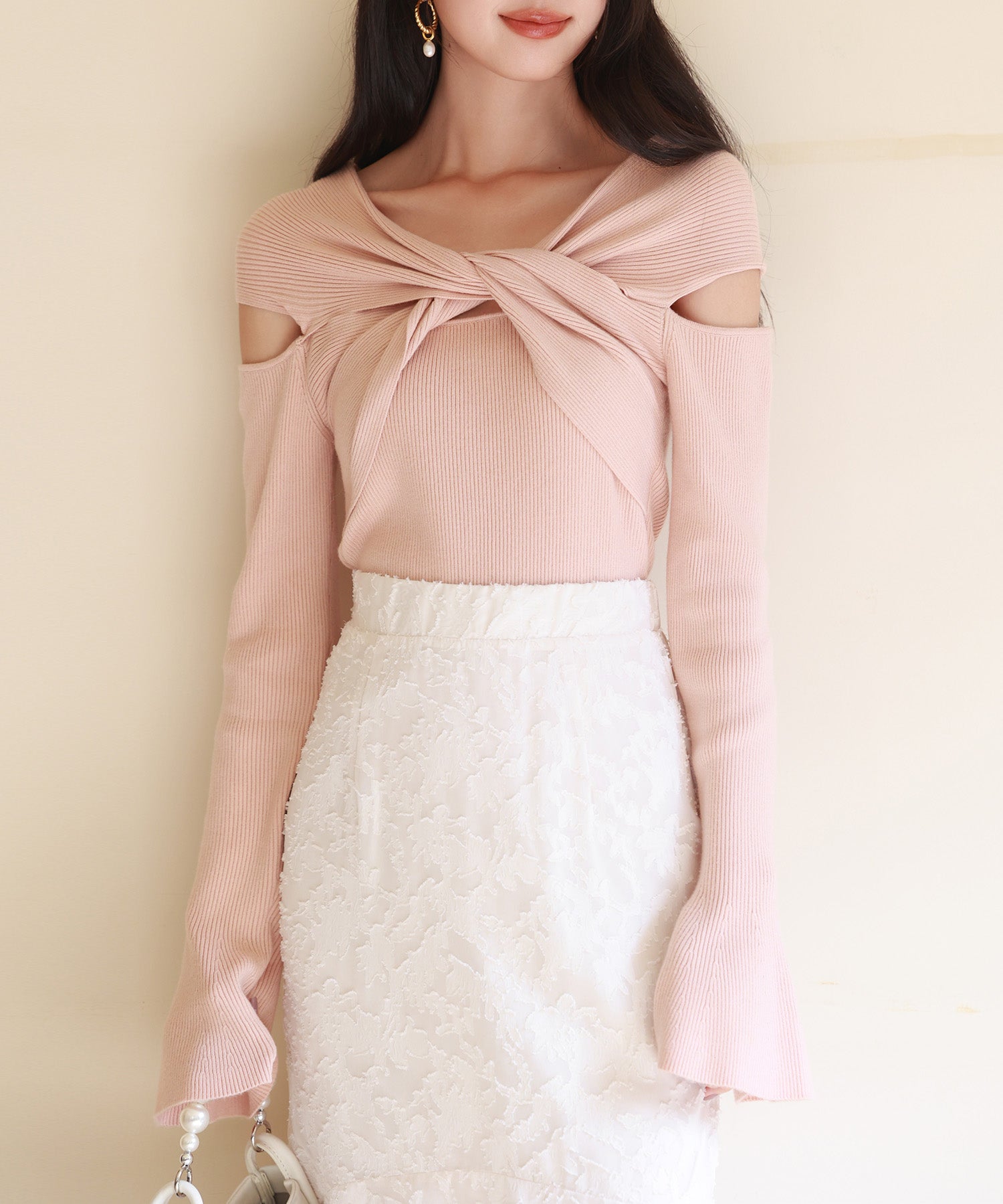 【2way着用】フレア袖口ニットプルオーバーsdpxyf6525 ピンクベージュ