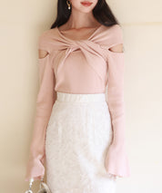 【2way着用】フレア袖口ニットプルオーバーsdpxyf6525 ピンクベージュ