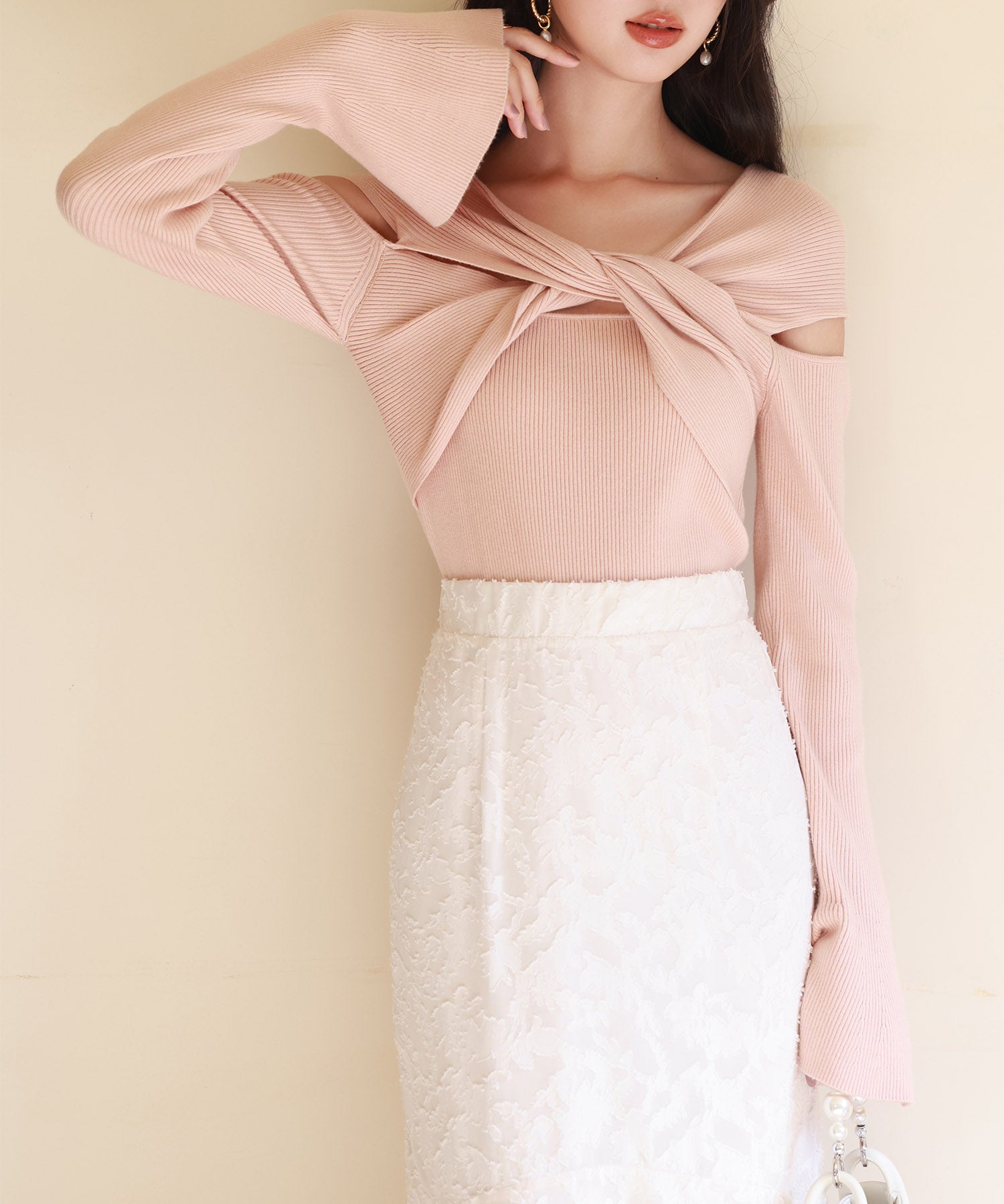 【2way着用】フレア袖口ニットプルオーバーsdpxyf6525 ピンクベージュ