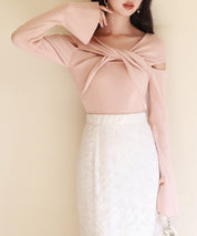 【2way着用】フレア袖口ニットプルオーバーsdpxyf6525 ピンクベージュ