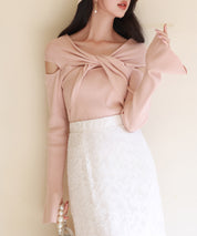 【2way着用】フレア袖口ニットプルオーバーsdpxyf6525 ピンクベージュ