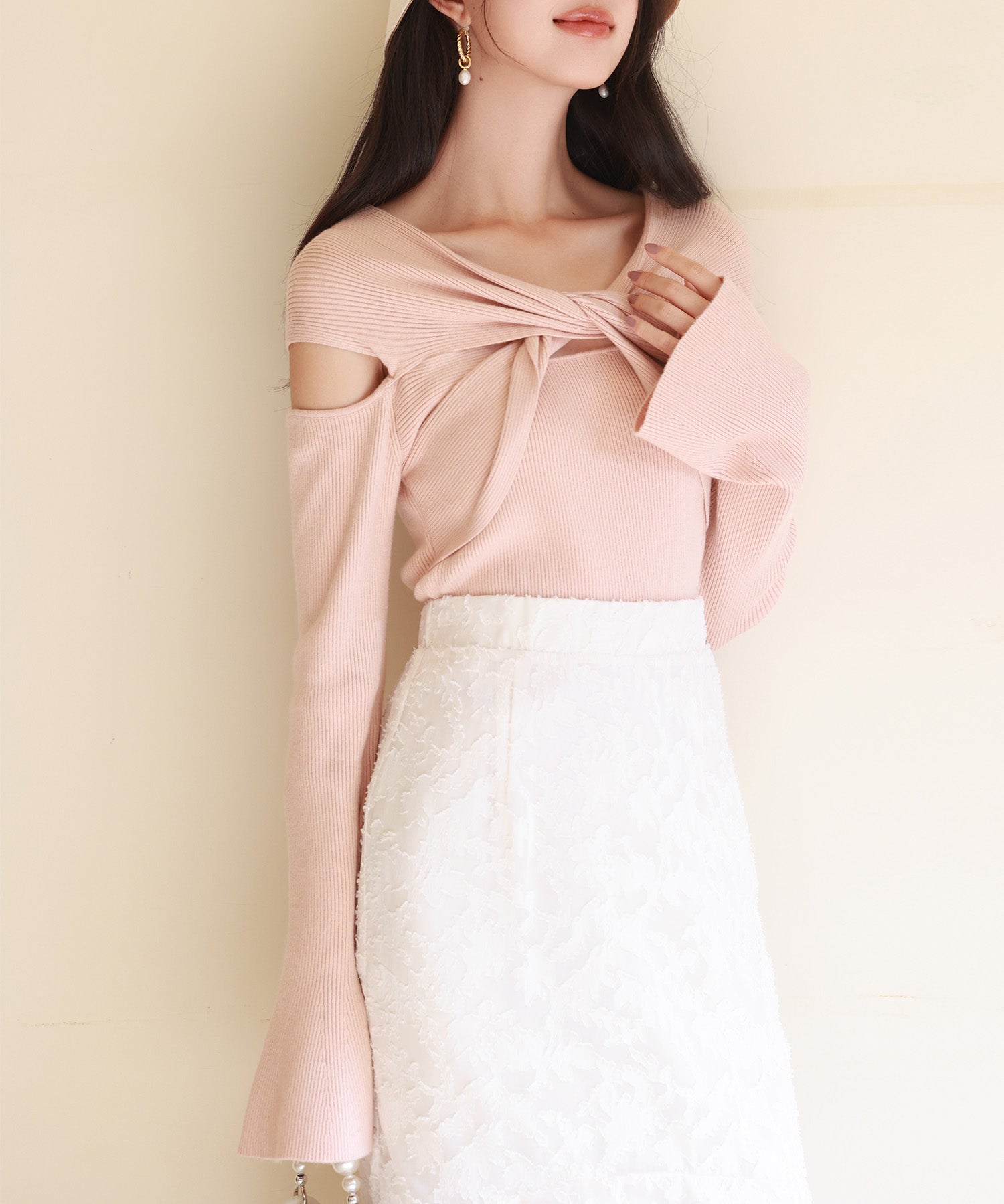 【2way着用】フレア袖口ニットプルオーバーsdpxyf6525 ピンクベージュ