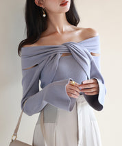 【2way着用】フレア袖口ニットプルオーバーsdpxyf6525 ブルーグレー