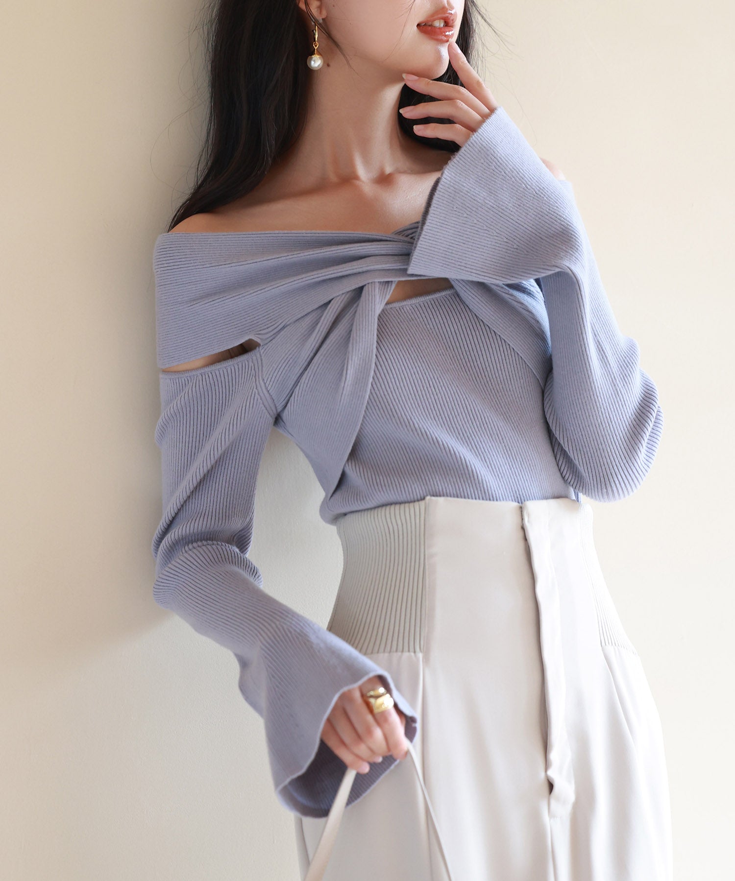 【2way着用】フレア袖口ニットプルオーバーsdpxyf6525 ブルーグレー