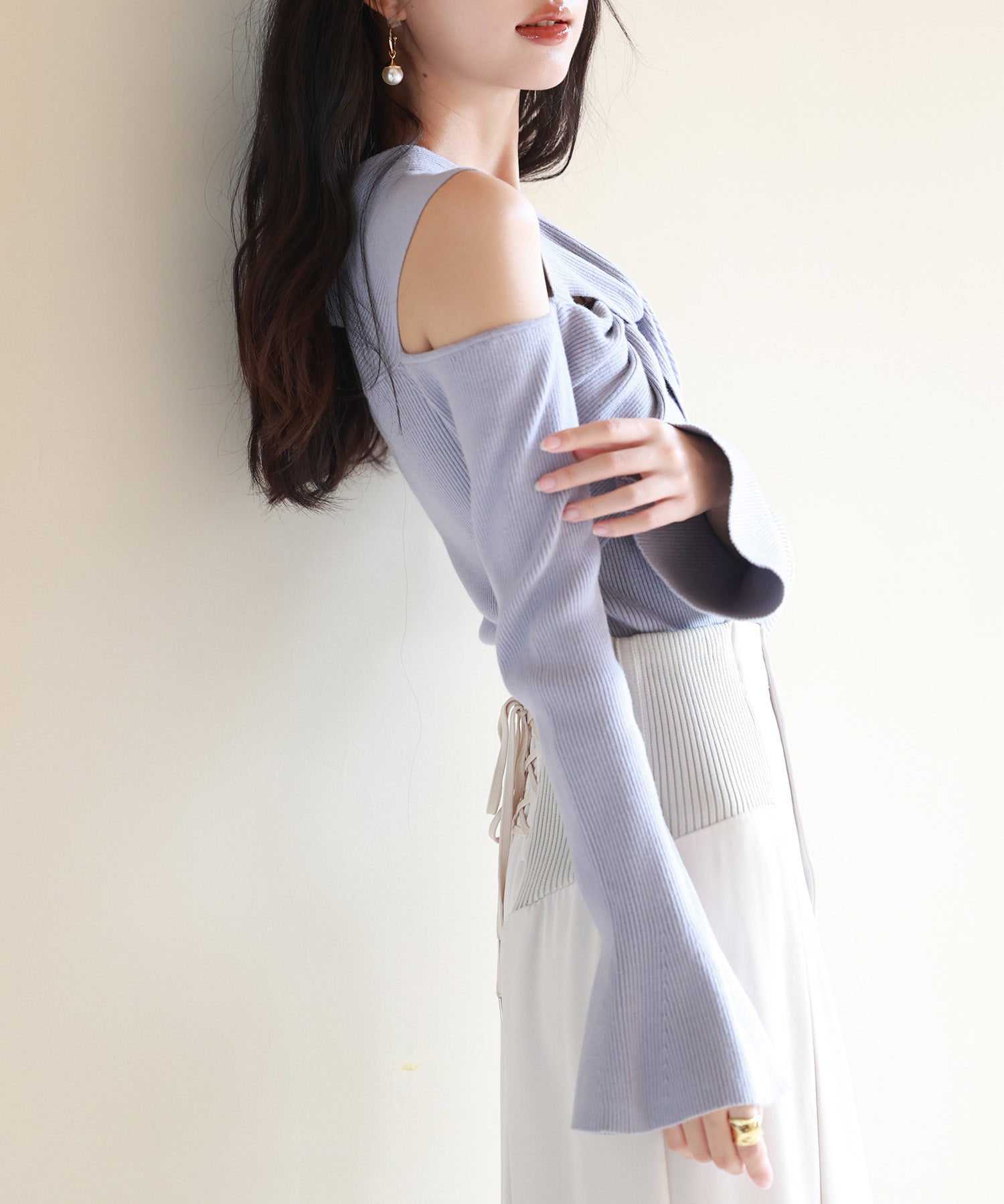 【2way着用】フレア袖口ニットプルオーバーsdpxyf6525 ブルーグレー