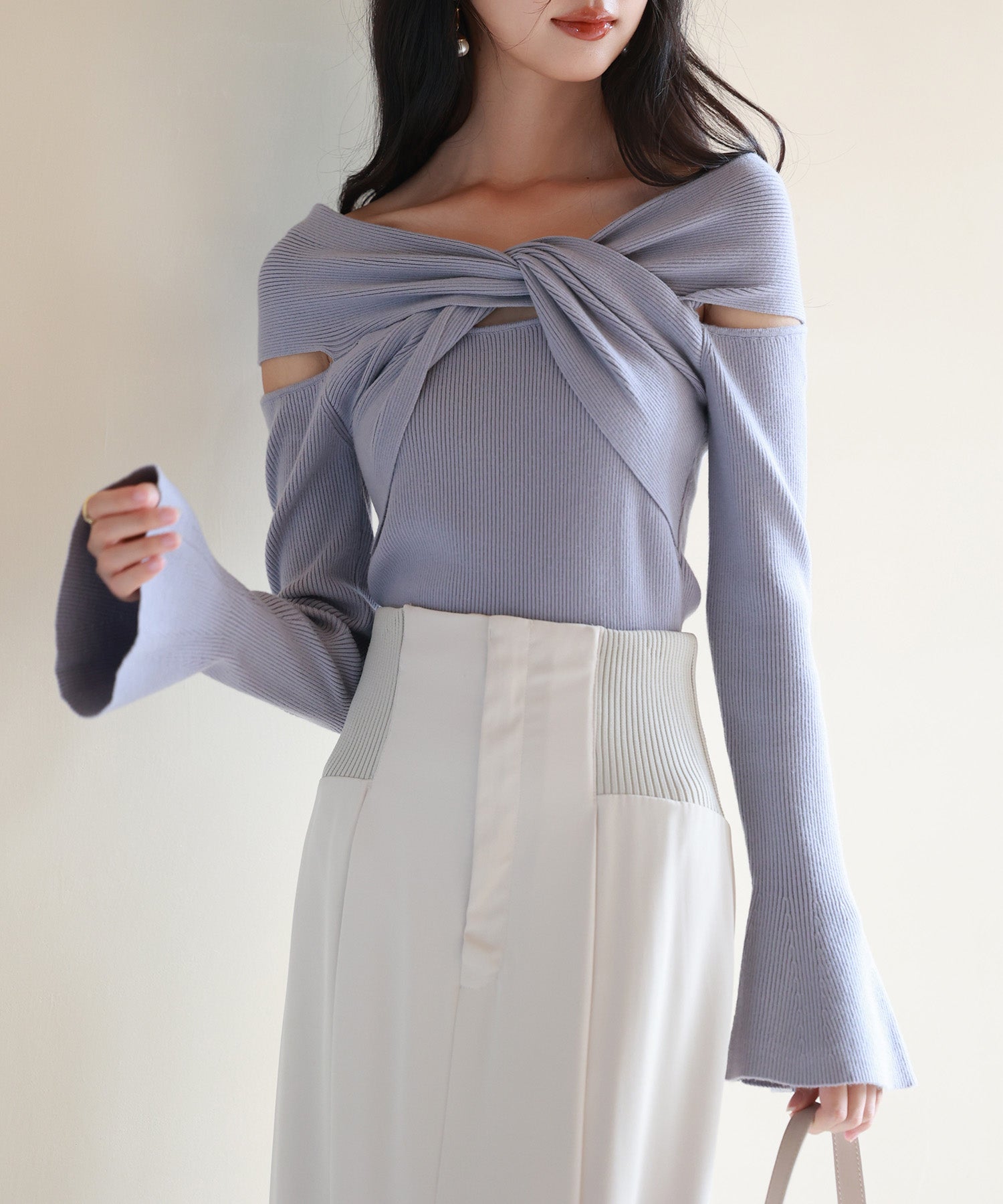 【2way着用】フレア袖口ニットプルオーバーsdpxyf6525 ブルーグレー