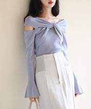 【2way着用】フレア袖口ニットプルオーバーsdpxyf6525 ブルーグレー