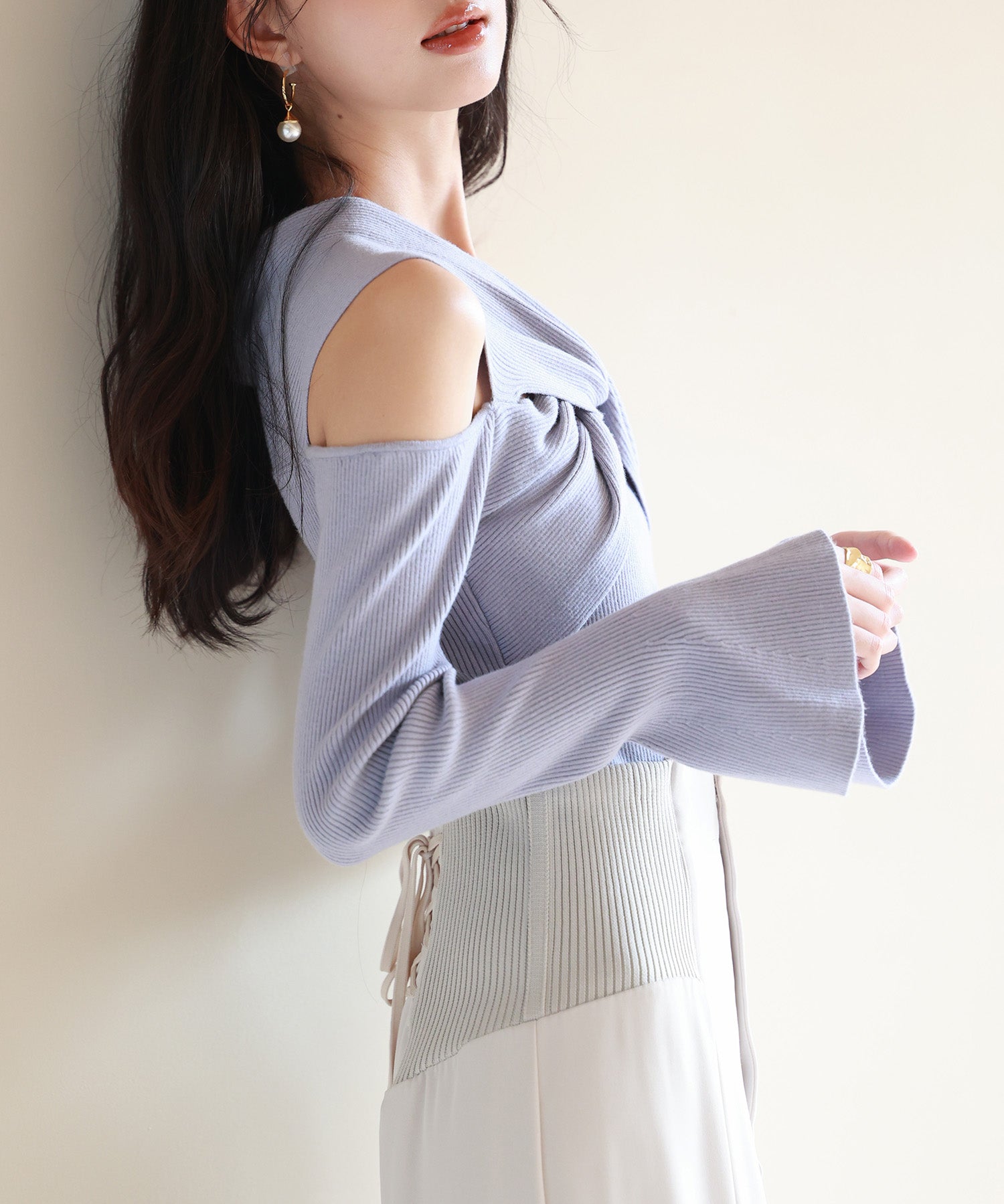 【2way着用】フレア袖口ニットプルオーバーsdpxyf6525 ブルーグレー