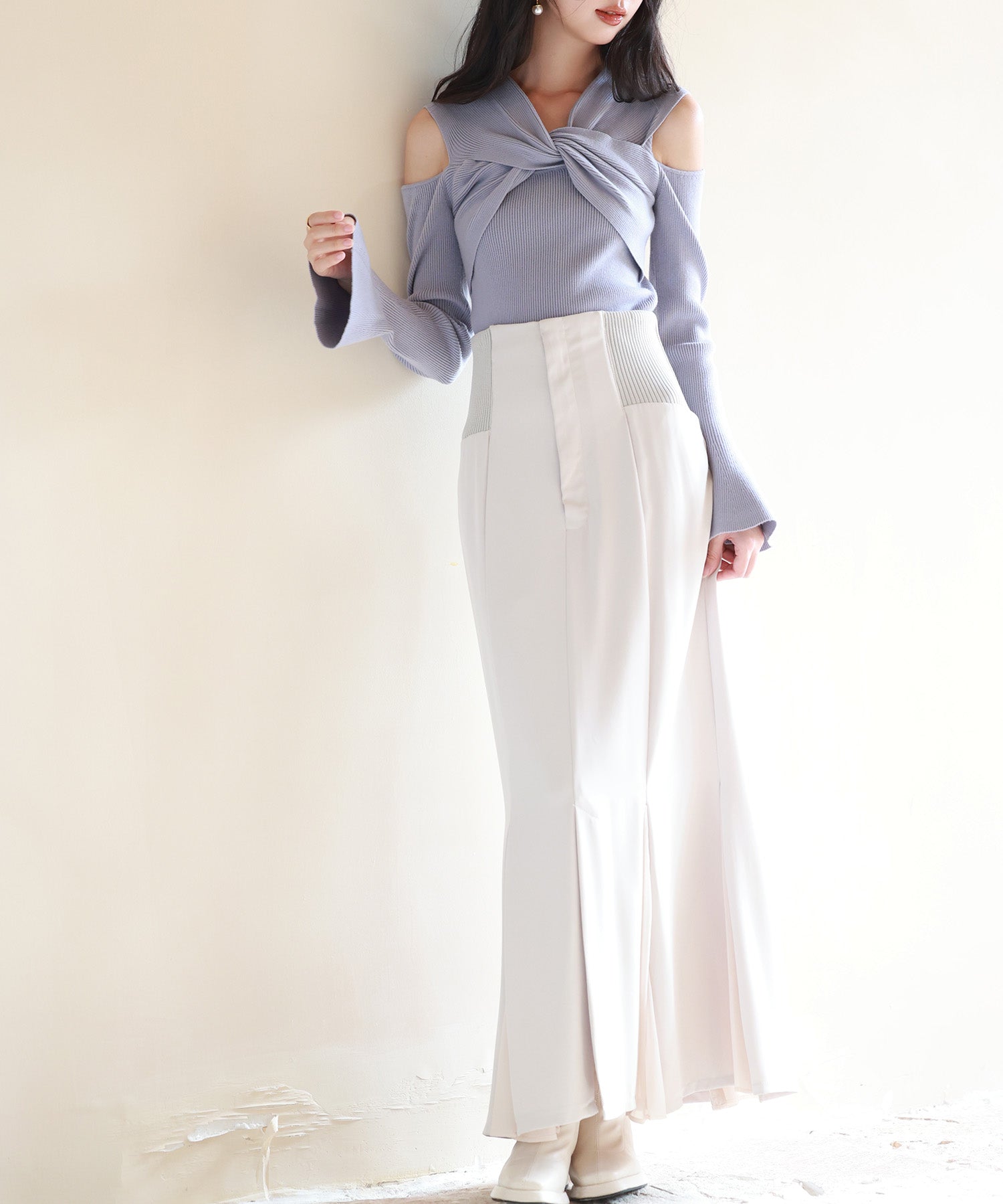 【2way着用】フレア袖口ニットプルオーバーsdpxyf6525 ブルーグレー