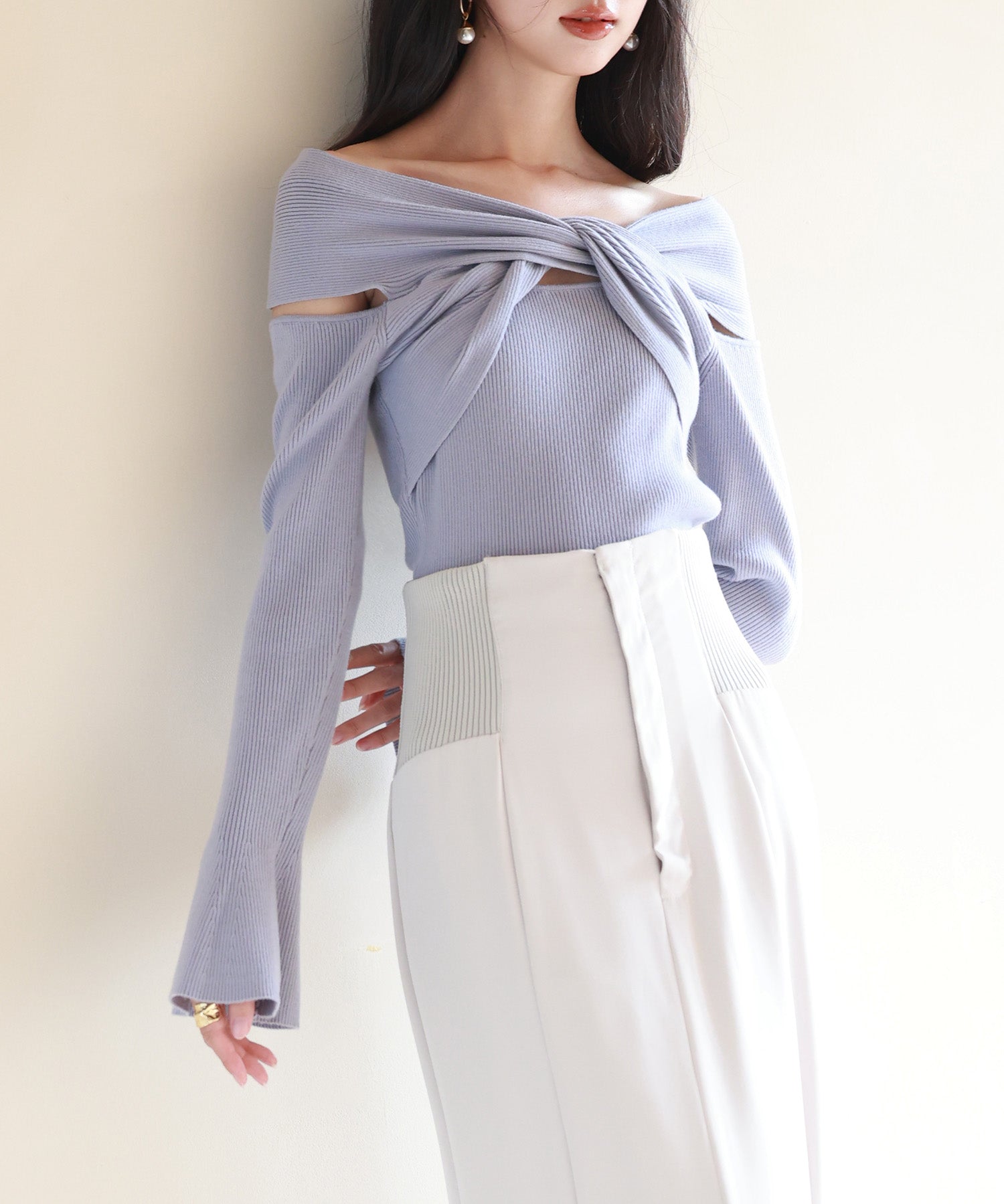 【2way着用】フレア袖口ニットプルオーバーsdpxyf6525 ブルーグレー