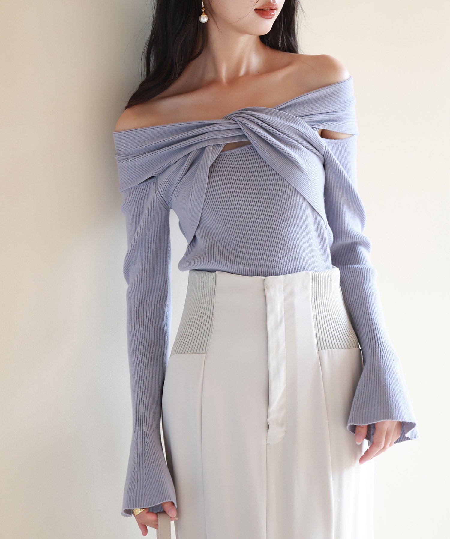 【2way着用】フレア袖口ニットプルオーバーsdpxyf6525 ブルーグレー