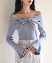 【2way着用】フレア袖口ニットプルオーバーsdpxyf6525 ブルーグレー