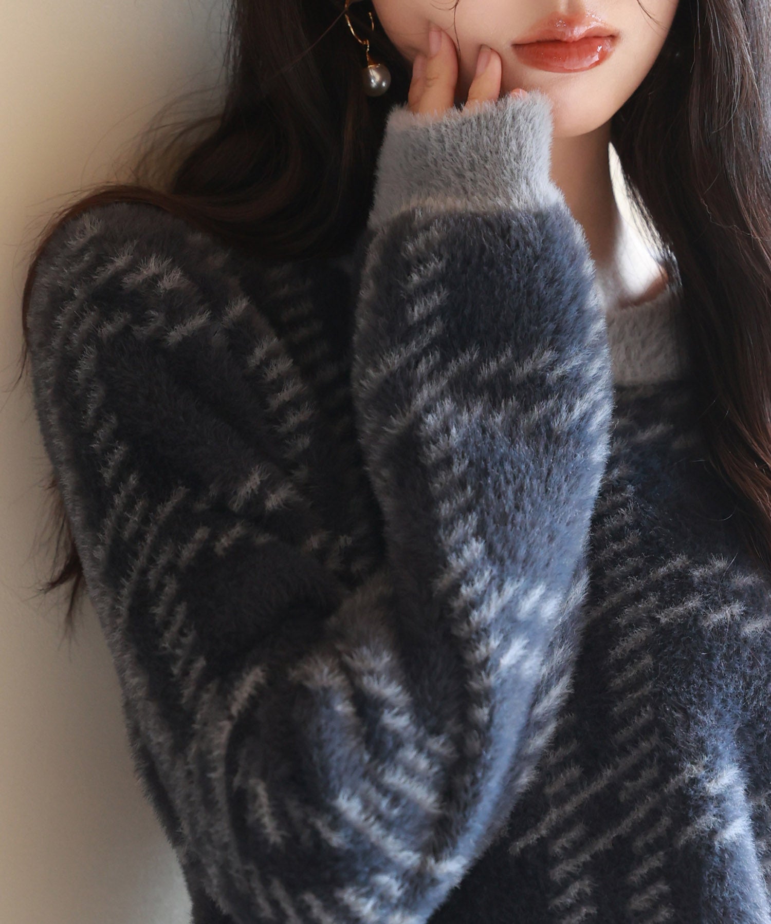 シャギー素材チェック編みニットプルオーバーsdpxyf6537 ネイビー