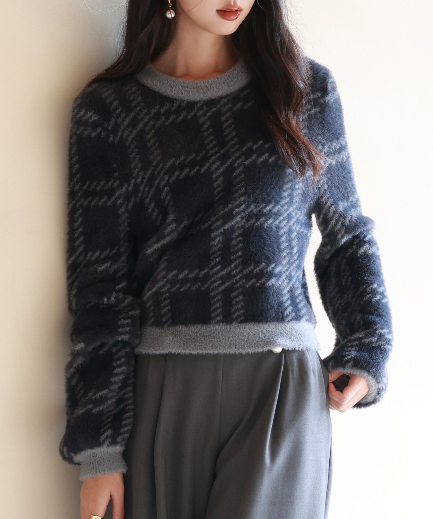 シャギー素材チェック編みニットプルオーバーsdpxyf6537-103-16