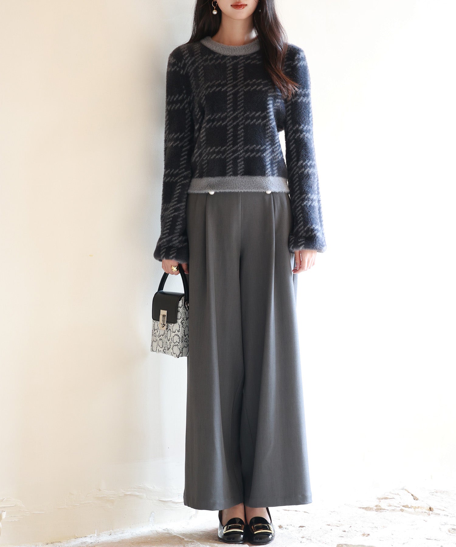 シャギー素材チェック編みニットプルオーバーsdpxyf6537 ネイビー