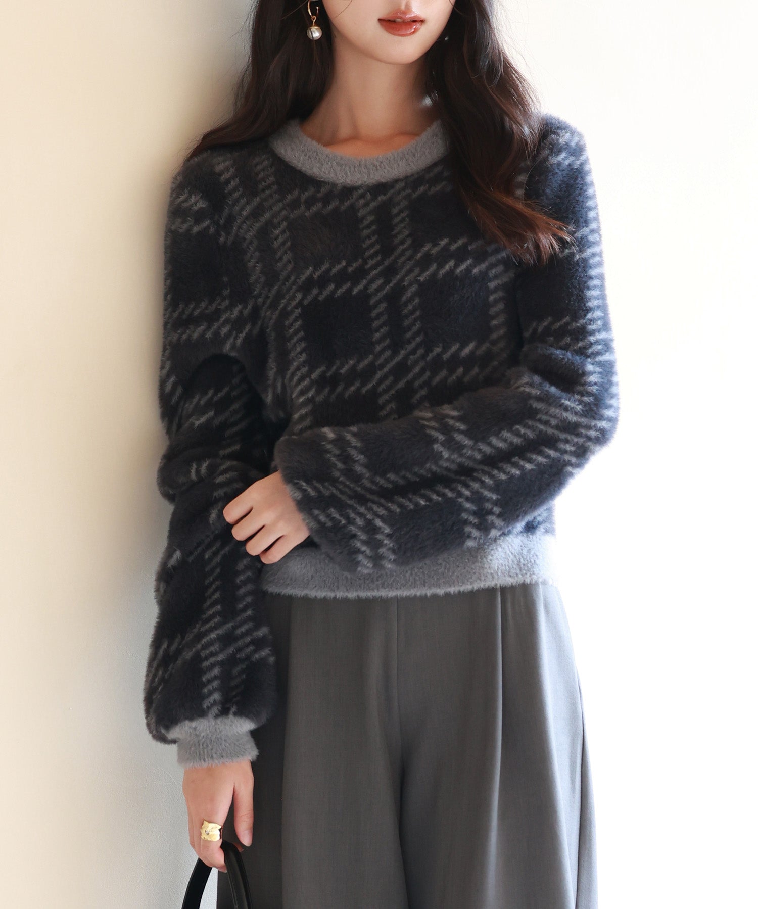 シャギー素材チェック編みニットプルオーバーsdpxyf6537 ネイビー