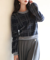 シャギー素材チェック編みニットプルオーバーsdpxyf6537 ネイビー