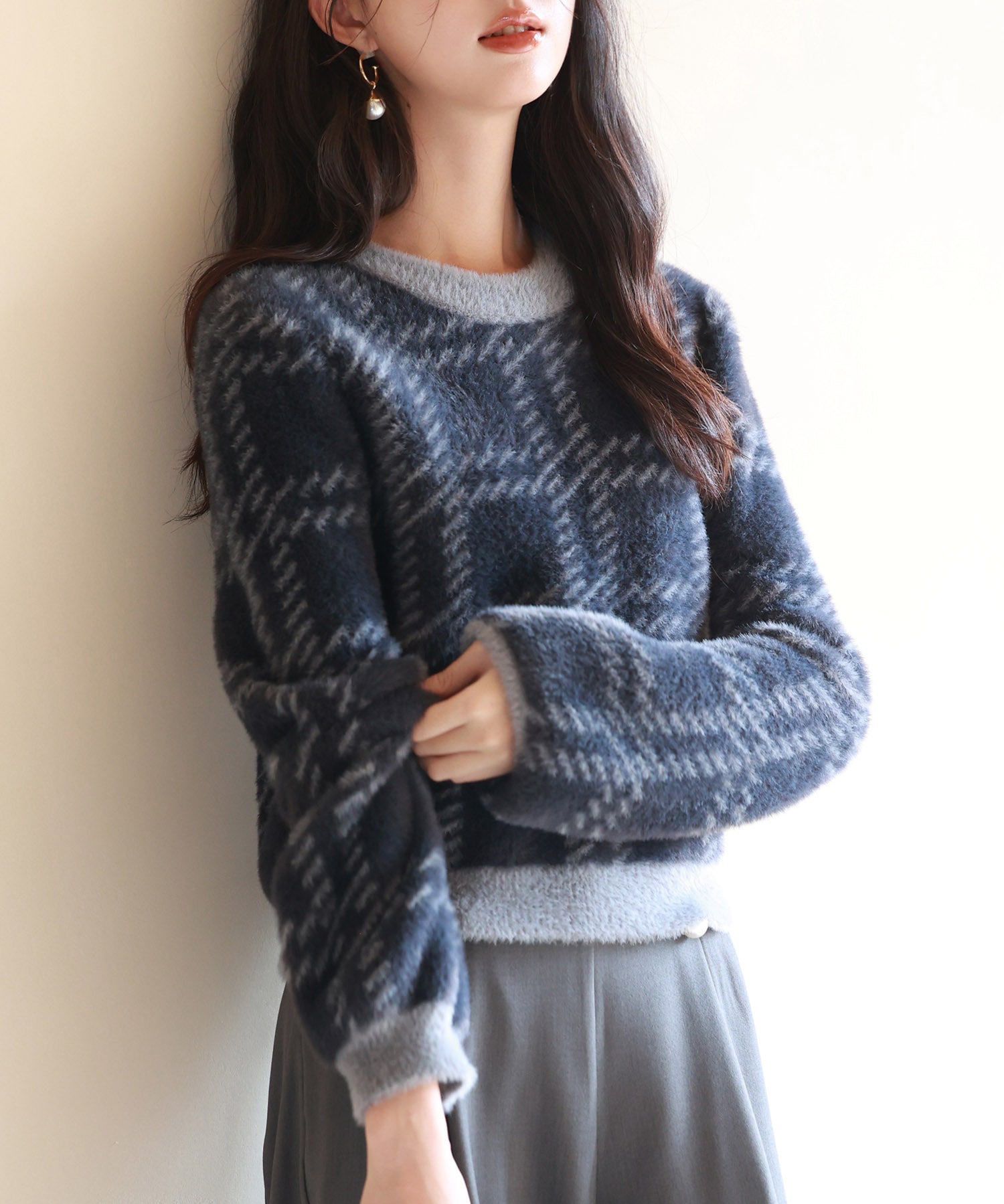 シャギー素材チェック編みニットプルオーバーsdpxyf6537 ネイビー