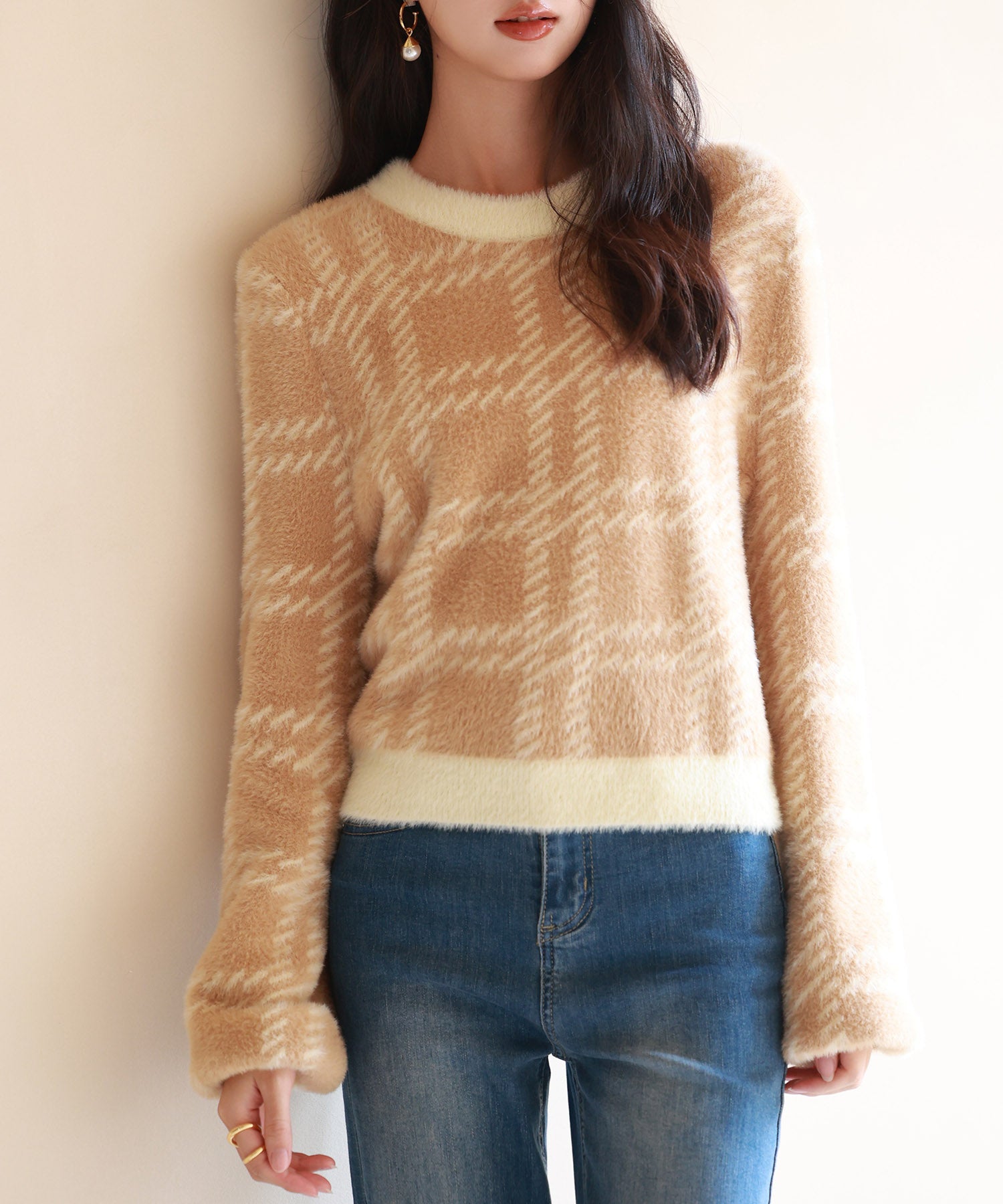 シャギー素材チェック編みニットプルオーバーsdpxyf6537-103-17