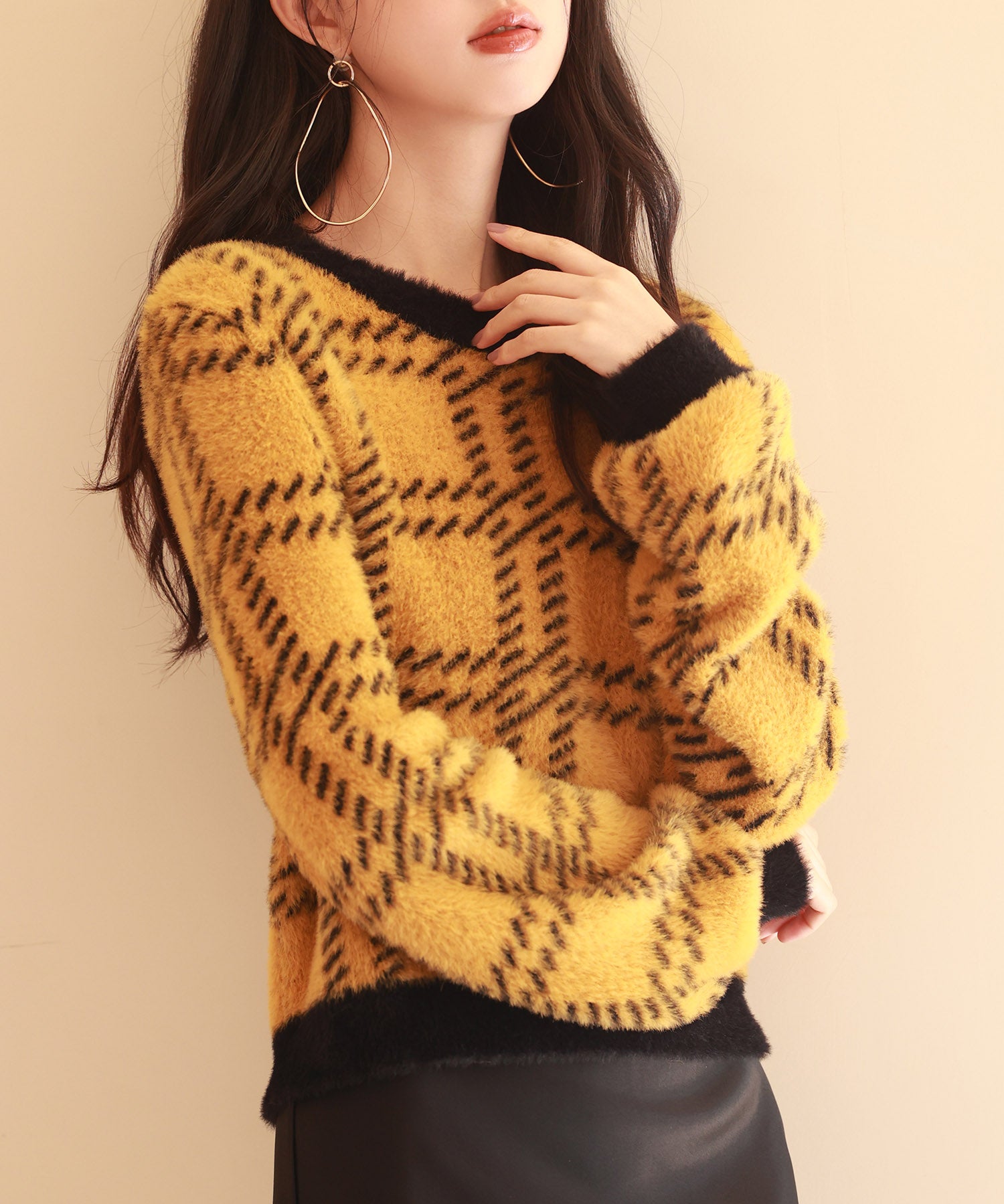 シャギー素材チェック編みニットプルオーバーsdpxyf6537 マスタード