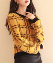 シャギー素材チェック編みニットプルオーバーsdpxyf6537 マスタード