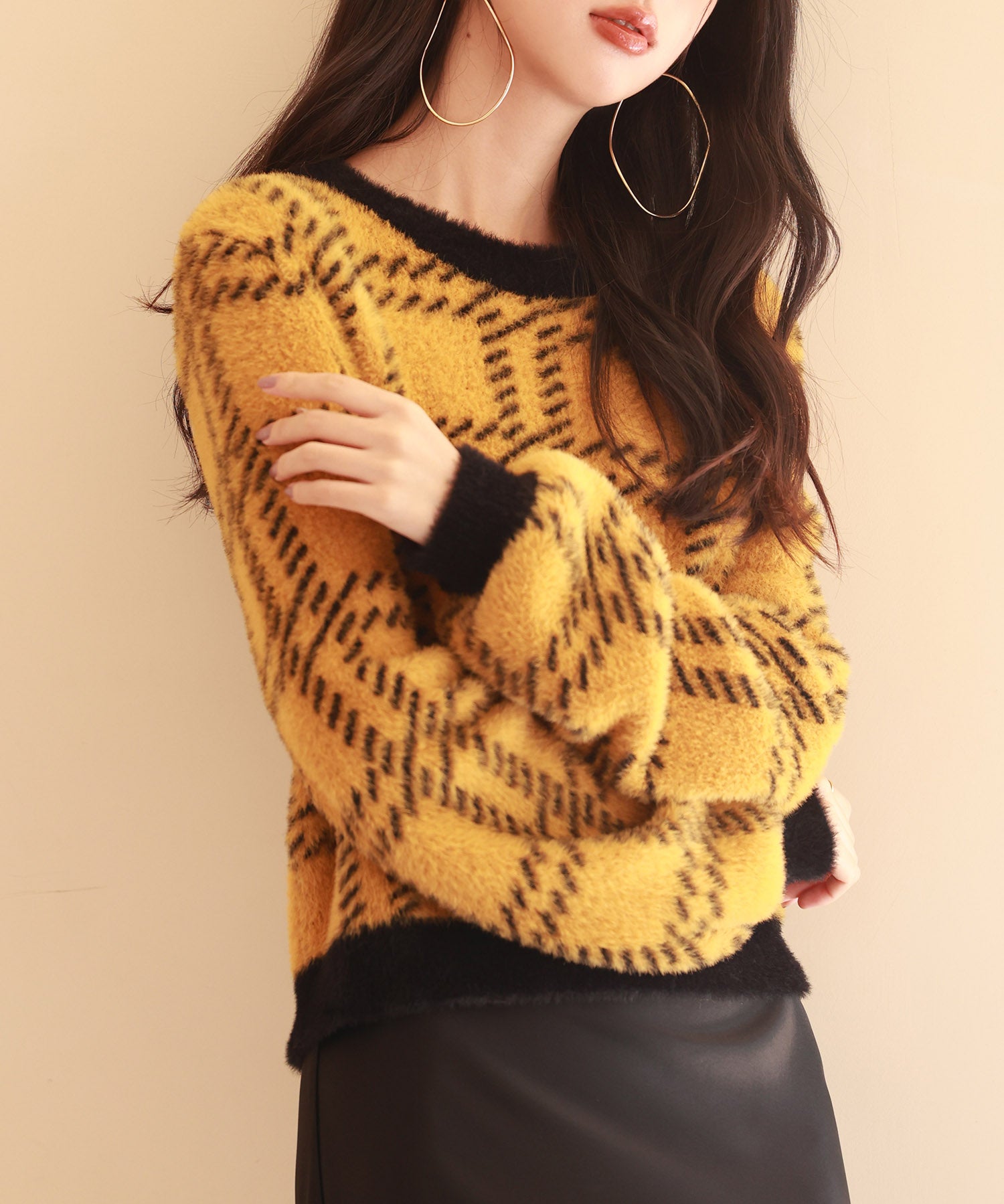 シャギー素材チェック編みニットプルオーバーsdpxyf6537 マスタード