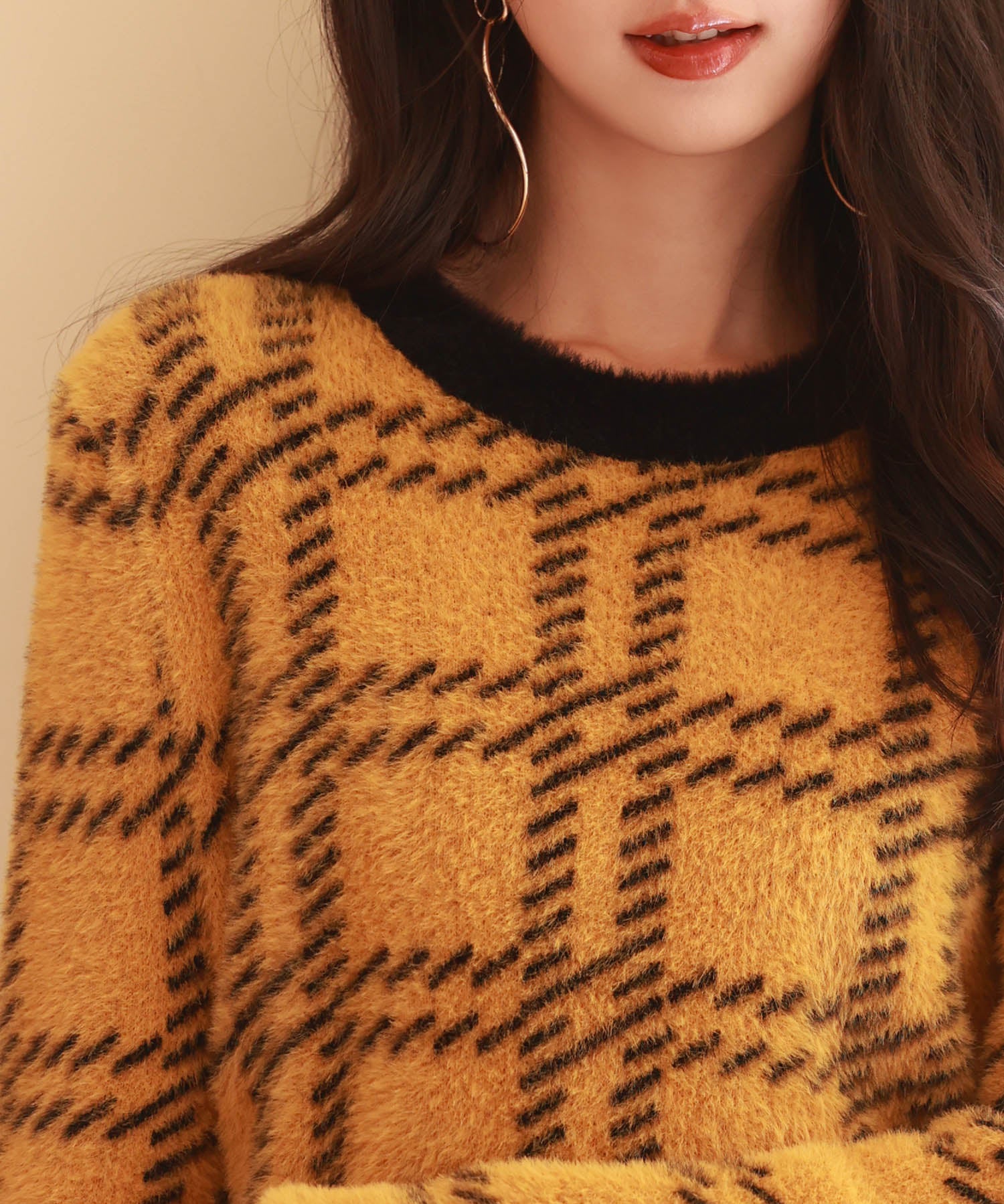 シャギー素材チェック編みニットプルオーバーsdpxyf6537 マスタード