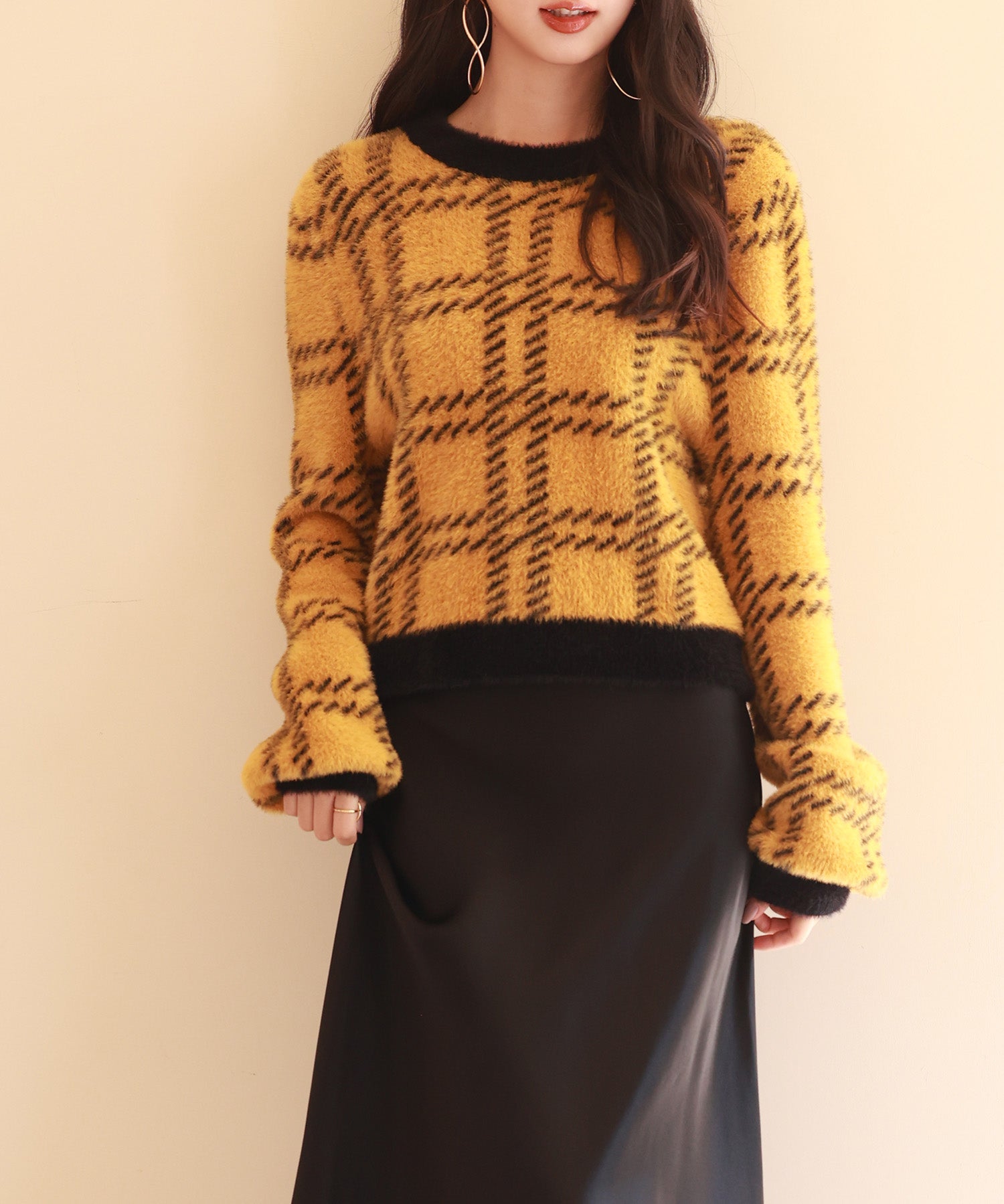 シャギー素材チェック編みニットプルオーバーsdpxyf6537 マスタード