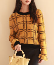 シャギー素材チェック編みニットプルオーバーsdpxyf6537 マスタード