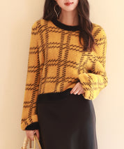 シャギー素材チェック編みニットプルオーバーsdpxyf6537 マスタード