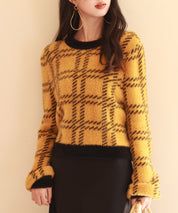 シャギー素材チェック編みニットプルオーバーsdpxyf6537 マスタード