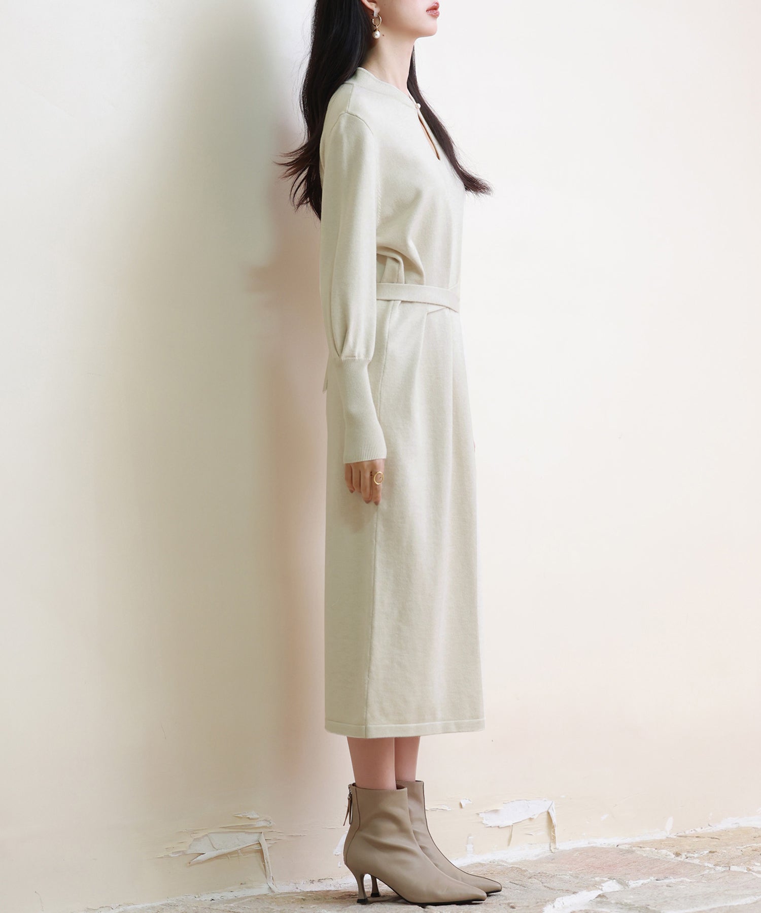 ハイゲージ編み長袖ニットワンピースsdpxyf6560 ベージュ