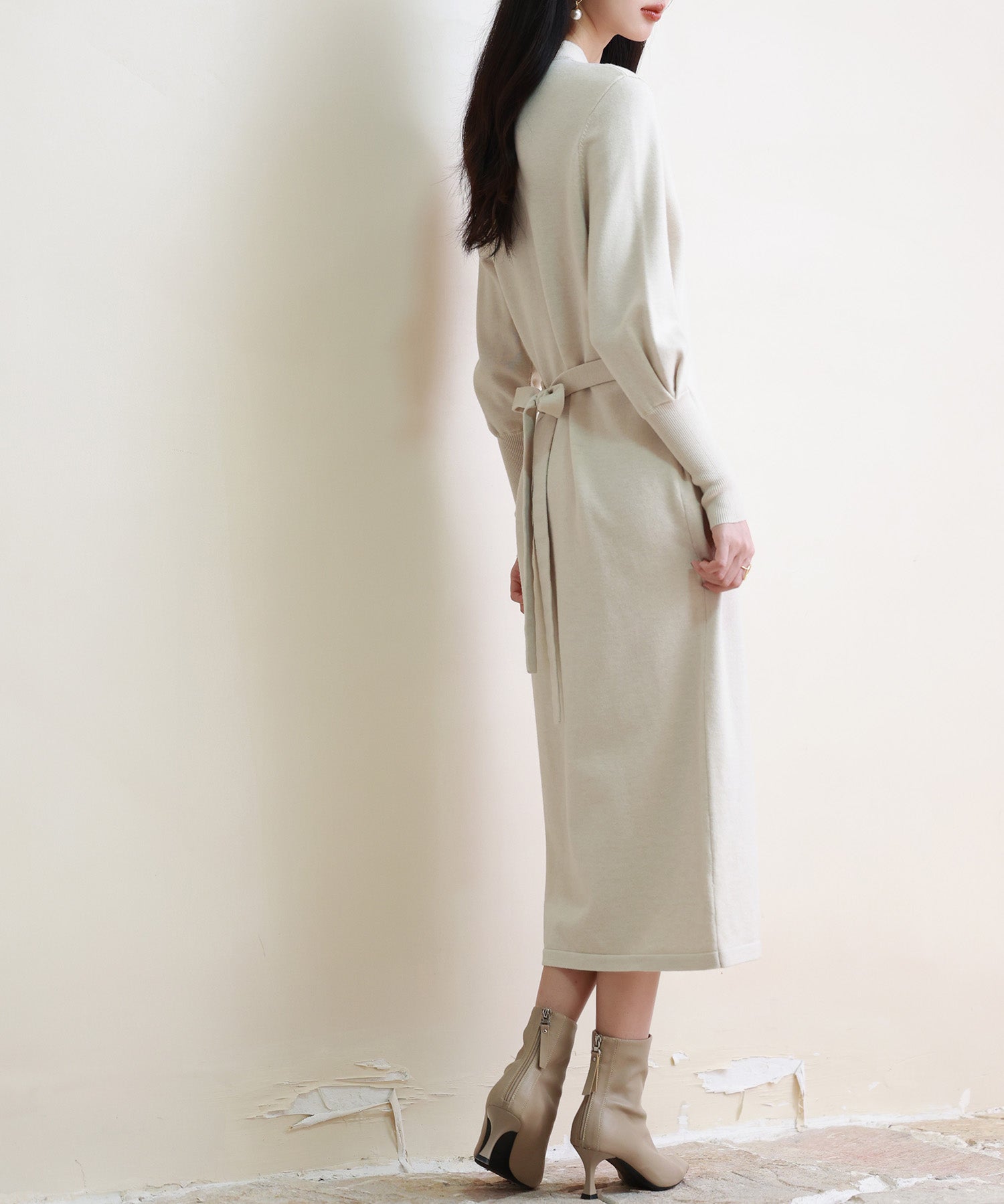 ハイゲージ編み長袖ニットワンピースsdpxyf6560 ベージュ