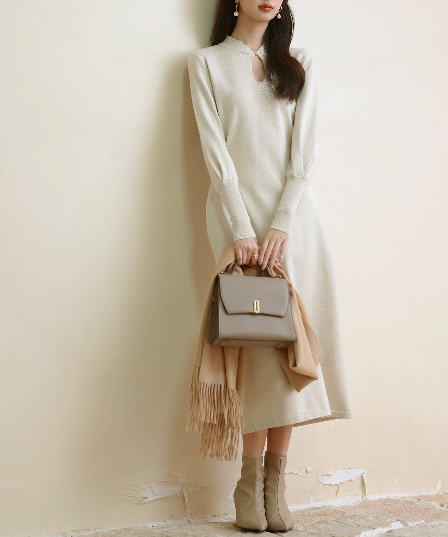 ハイゲージ編み長袖ニットワンピースsdpxyf6560 ベージュ